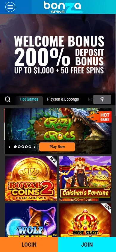 Bonza Spins Casino home screen on a mobile device