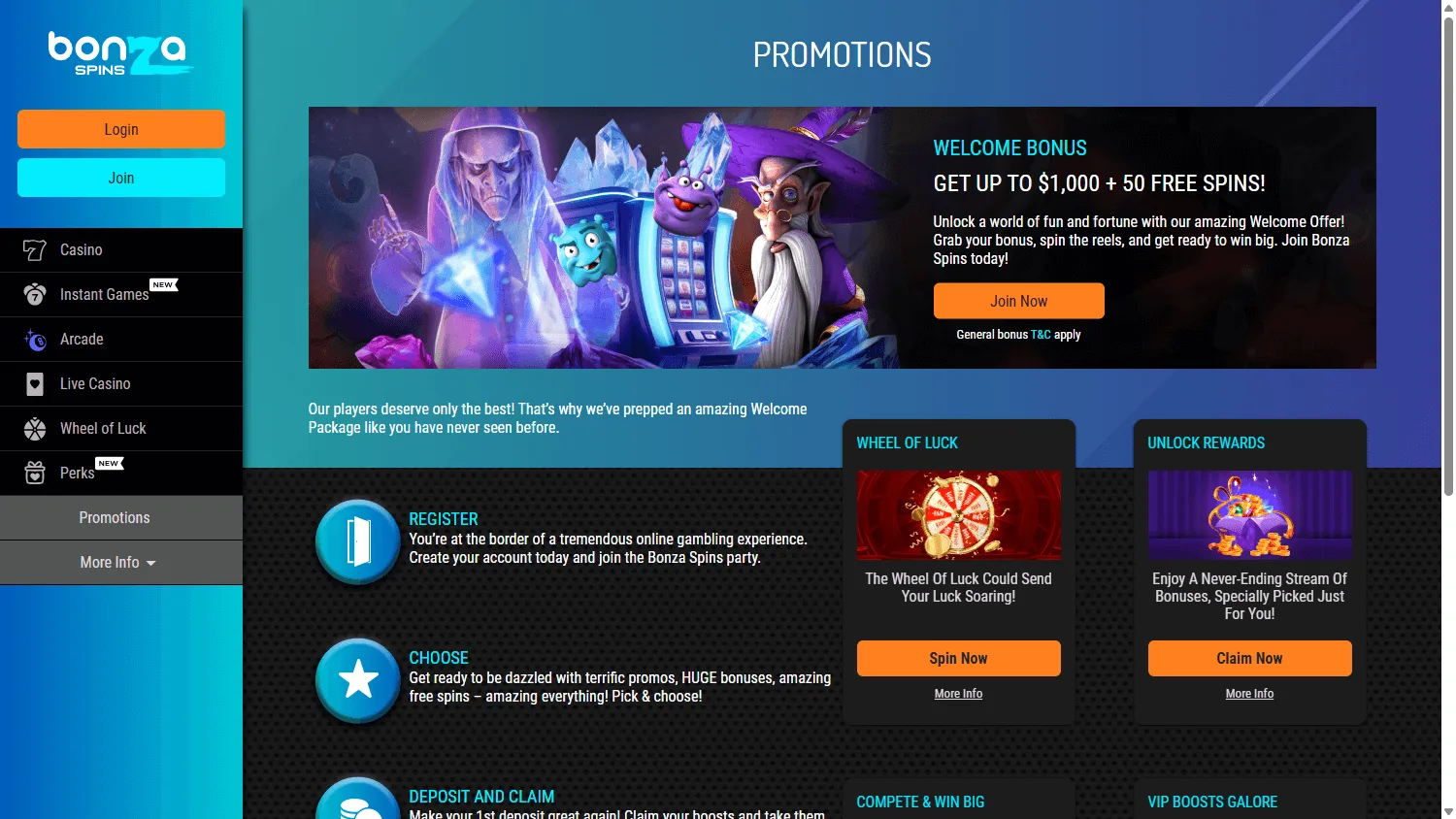 Bonza Spins Casino promotions screen on a desktop device