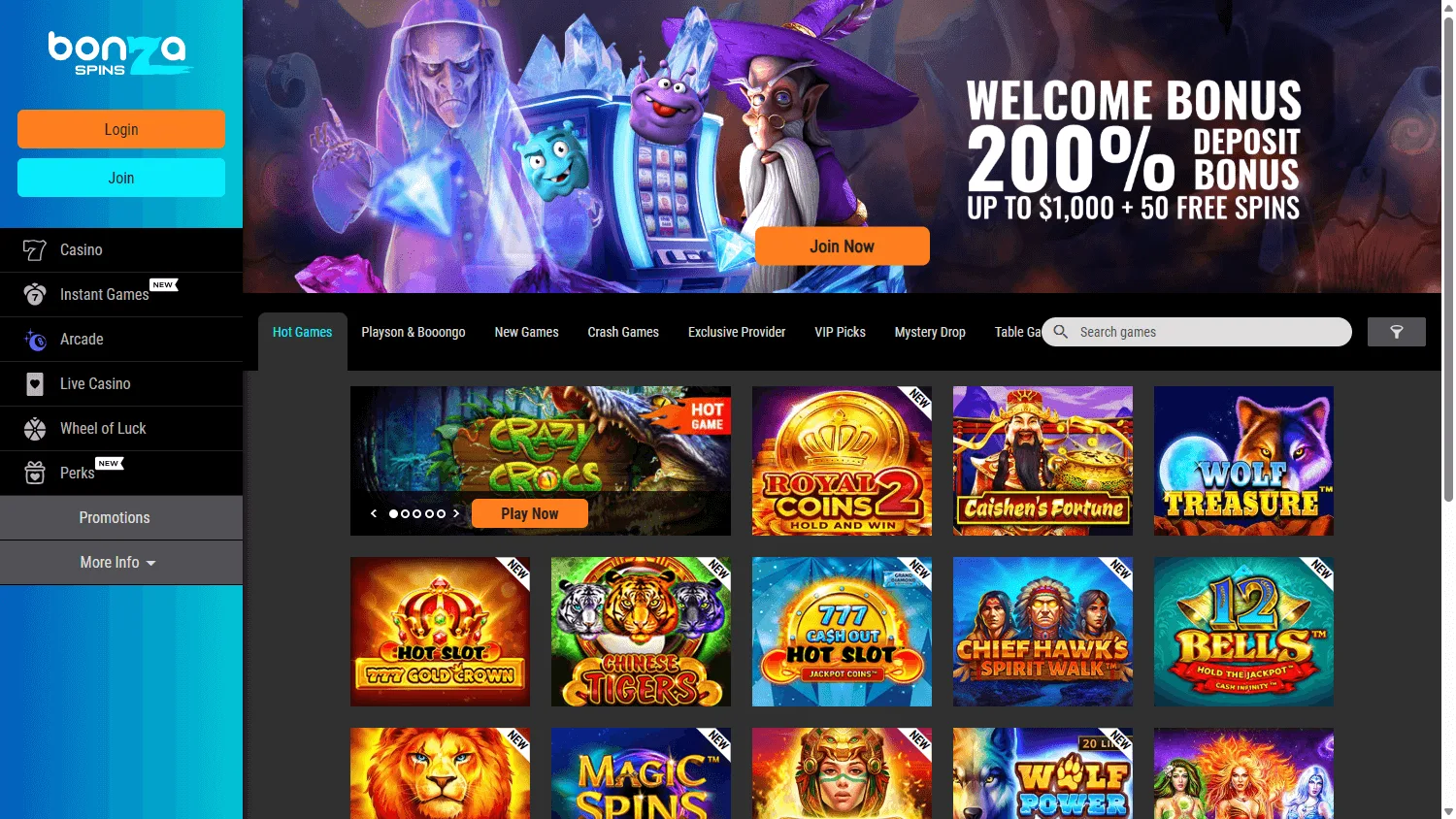 Bonza Spins Casino home screen on a desktop device